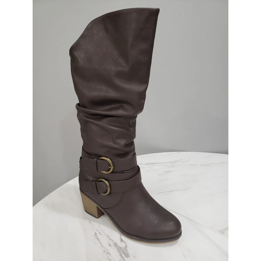 NEW‎ NO BOX Journee Collection Late Knee High Slouch Boot Brown Tall Block Heel